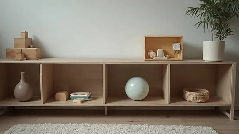 Regal und Teppich im Wohnzimmer mit Holzbausteinen, Stapelspielzeug und einem Ball