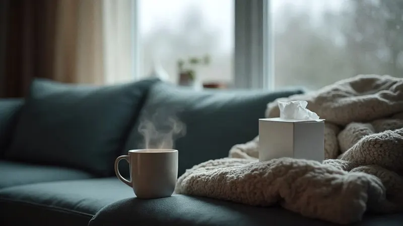 Teetasse, Taschentücher und Decke auf der Sofalehne an einem Regentag