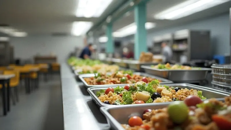 Essensausgabe einer Schulmensa mit Salat, Obst und Vollkornspeisen, ohne Personen