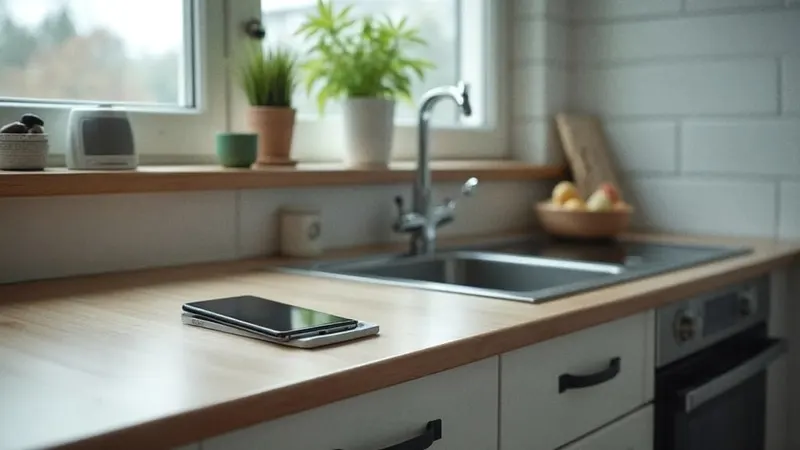 Küchentheke mit Smartphone, Sprachlautsprecher und Wandkalender in einer Familienwohnung