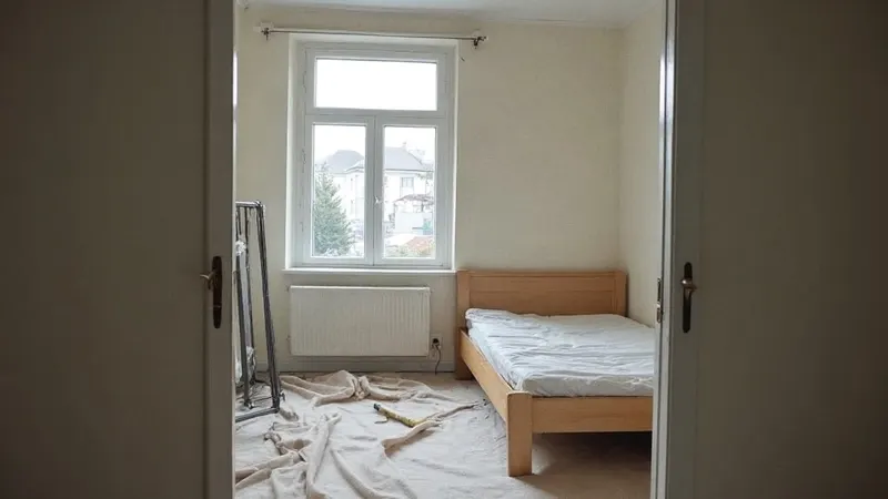 Zimmer im Umbau: zerlegtes Babybett an der Wand, neues Jugendbett und Farbrollen auf Abdeckfolie