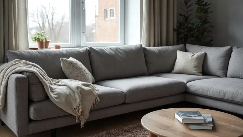 Graues Ecksofa aus Stoff mit Decke und Kissen in einem gewöhnlichen Wohnzimmer
