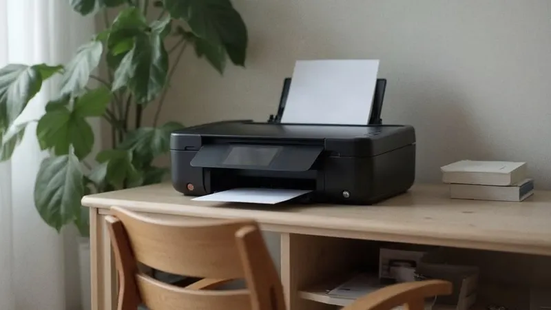 Kompakter Drucker auf einem Regal in einer Arbeitsecke zu Hause mit leerem Papier im Fach