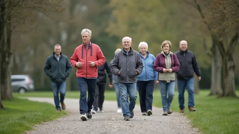 Erwachsene unterschiedlichen Alters walken gemeinsam auf einem Parkweg