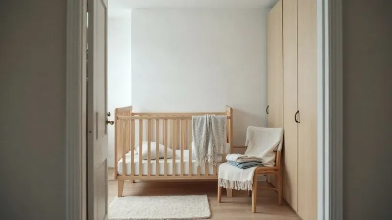 Helles Babyzimmer mit Holzbett, Schrank und Teppich vom Türrahmen aus
