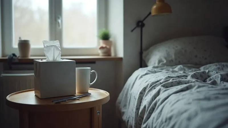 Taschentücher, Teetasse und Thermometer auf dem Nachttisch eines Kinderzimmers