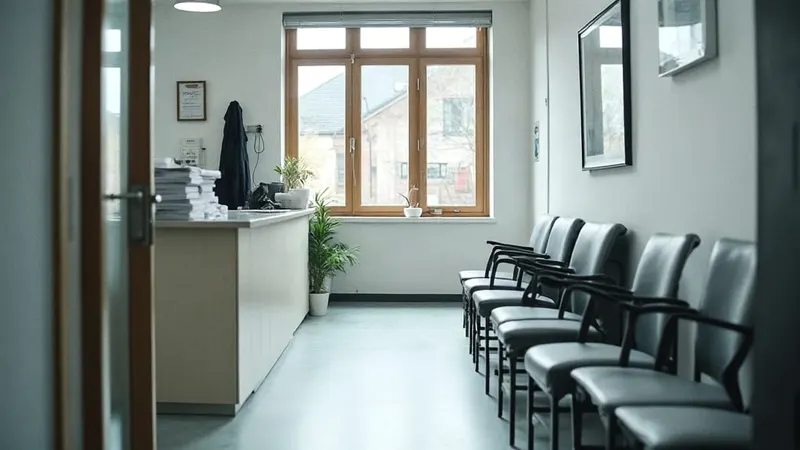 Empfangstresen und Wartebereich einer Arztpraxis mit Stühlen und Garderobe